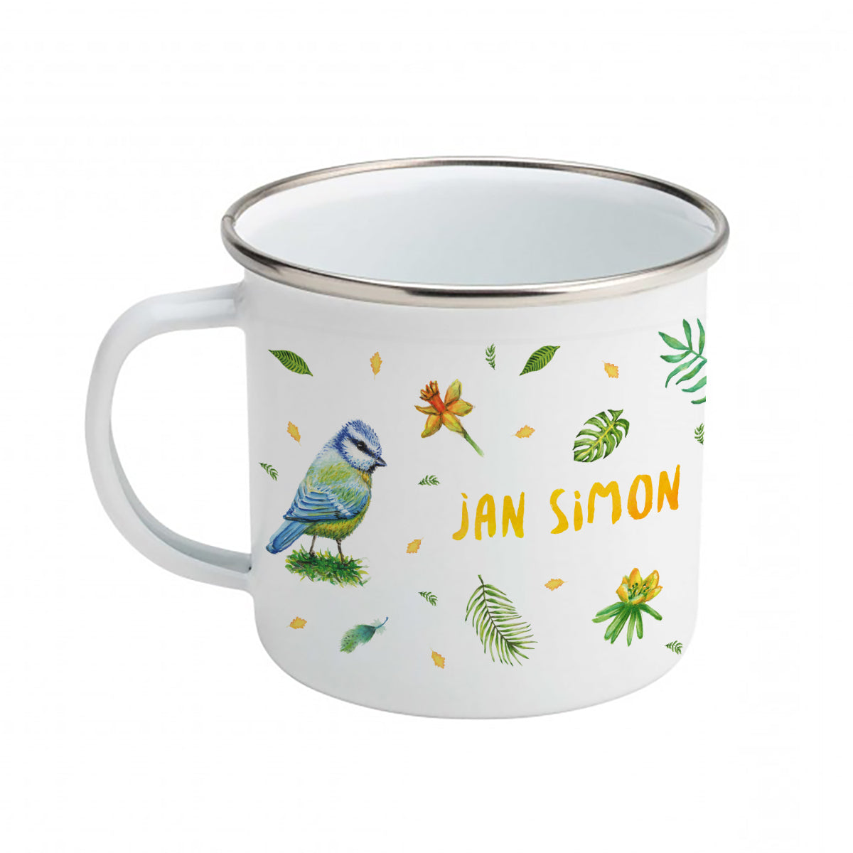 Enamel mug rabbit and blue tit custom with name