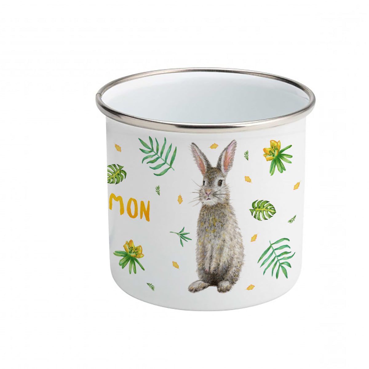 Enamel mug rabbit and blue tit custom with name