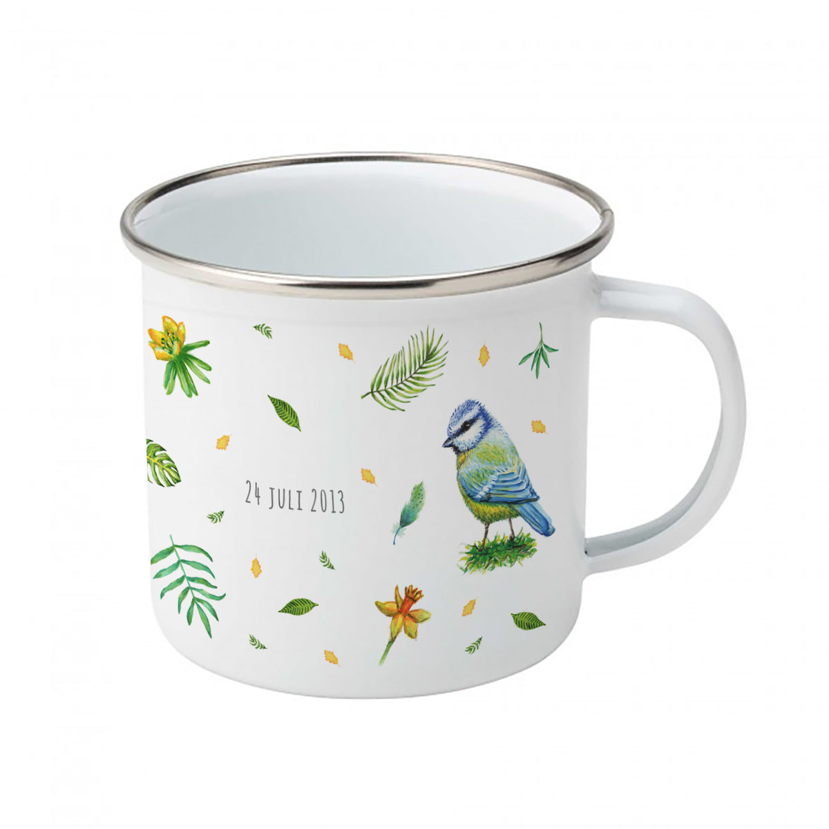 Enamel mug rabbit and blue tit custom with name