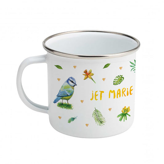 Enamel mug rabbit and blue tit custom with name