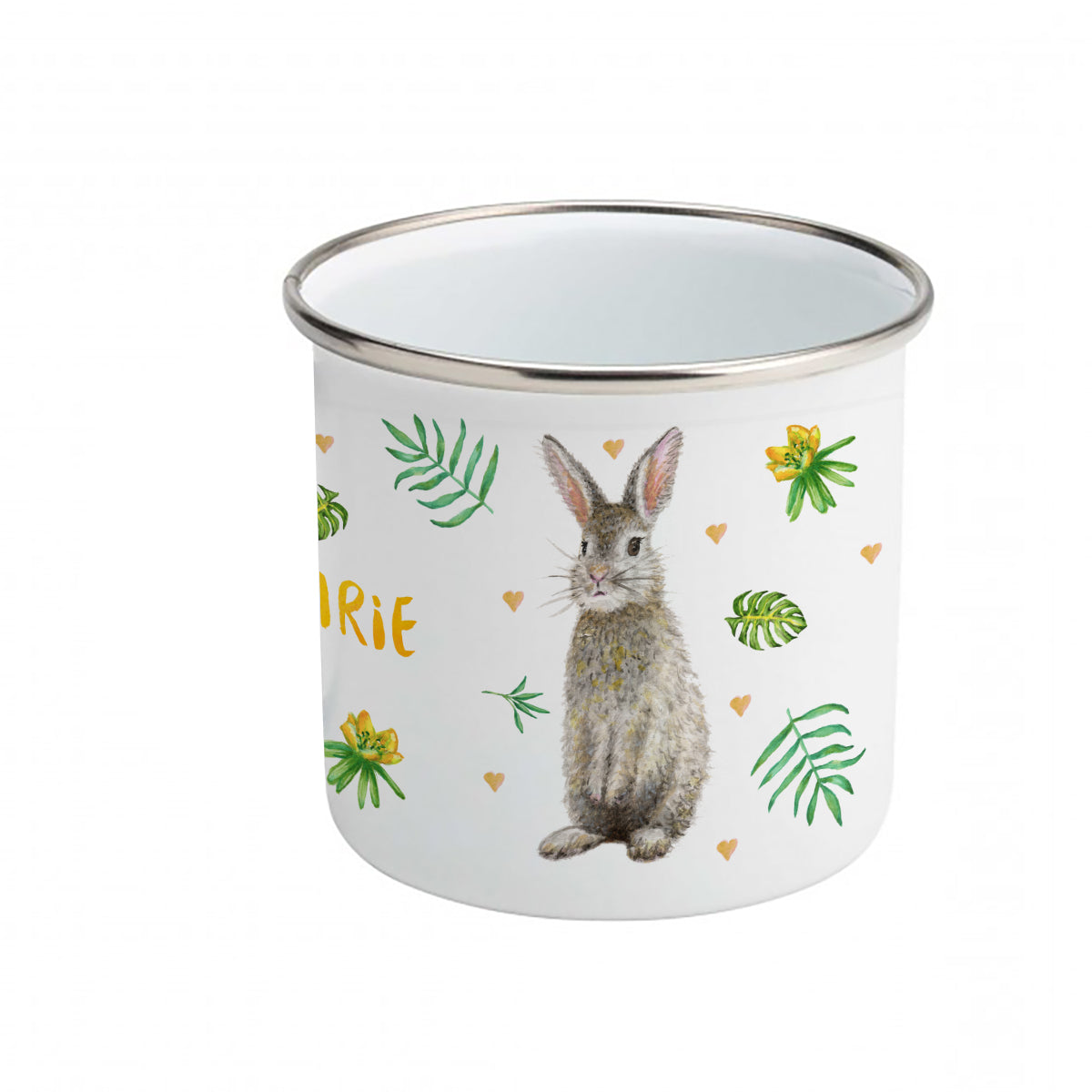 Enamel mug rabbit and blue tit custom with name