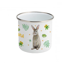 Load image into Gallery viewer, Enamel mug rabbit and blue tit custom with name
