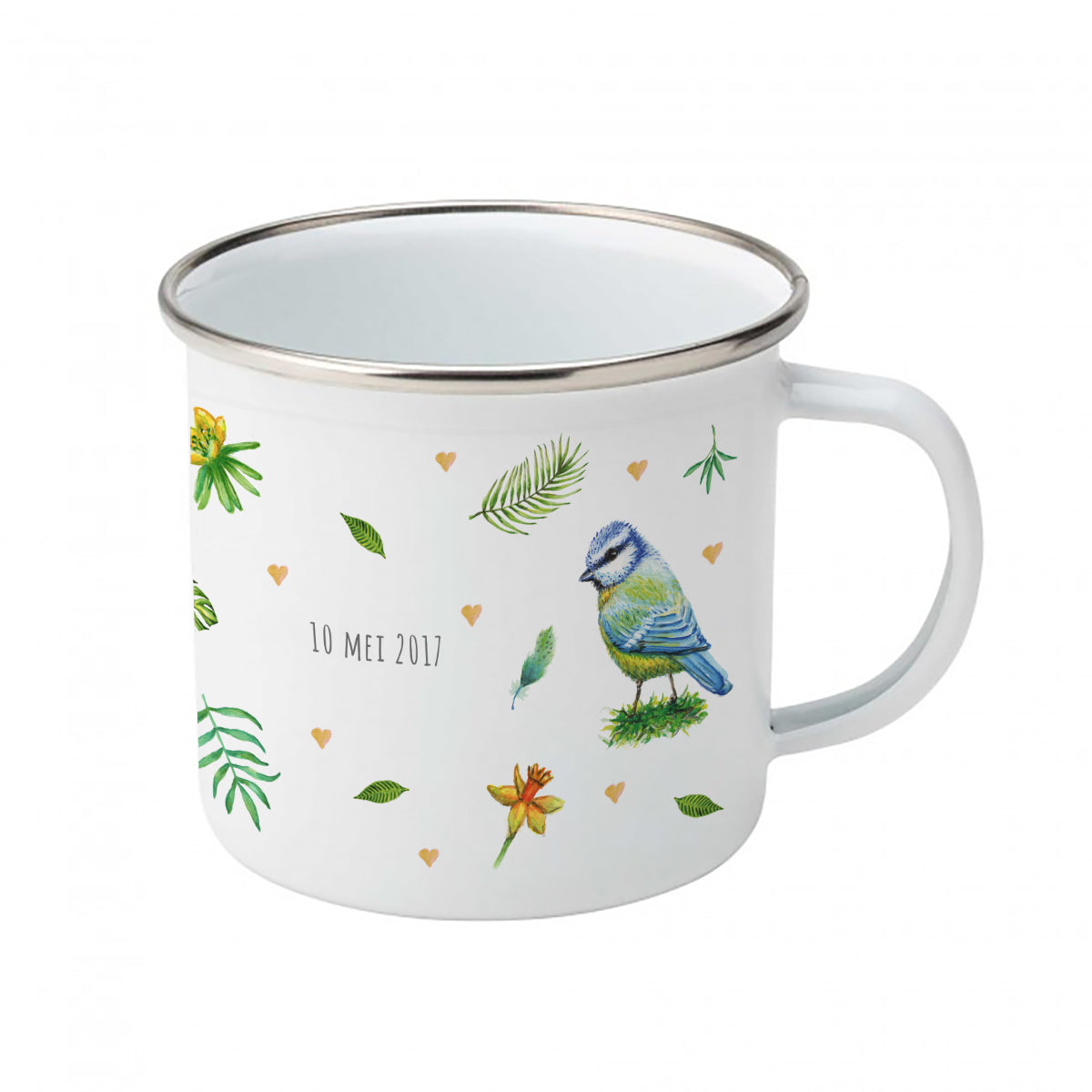 Enamel mug rabbit and blue tit custom with name