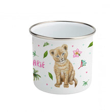 Load image into Gallery viewer, Enamel mug baby lion and monkey custom with name
