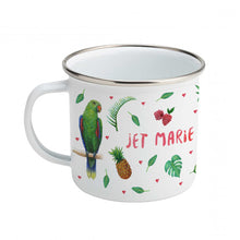 Load image into Gallery viewer, Enamel mug monkey and parrots custom with name
