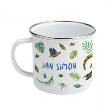 Lade das Bild in den Galerie-Viewer, Emaille-Tasse Dinosaurier Papageien mit Namen
