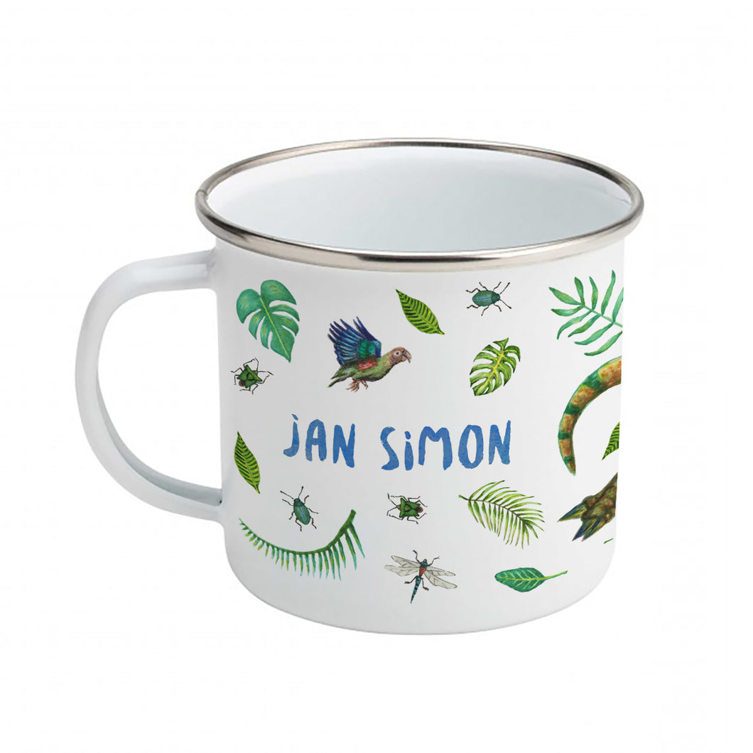 Emaille-Tasse Dinosaurier Papageien mit Namen
