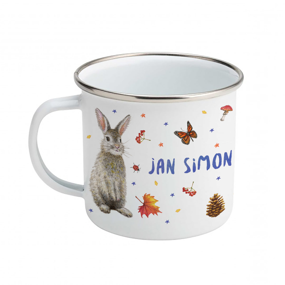 Emaille-Tasse Eule Kaninchen Hirsch mit Namen