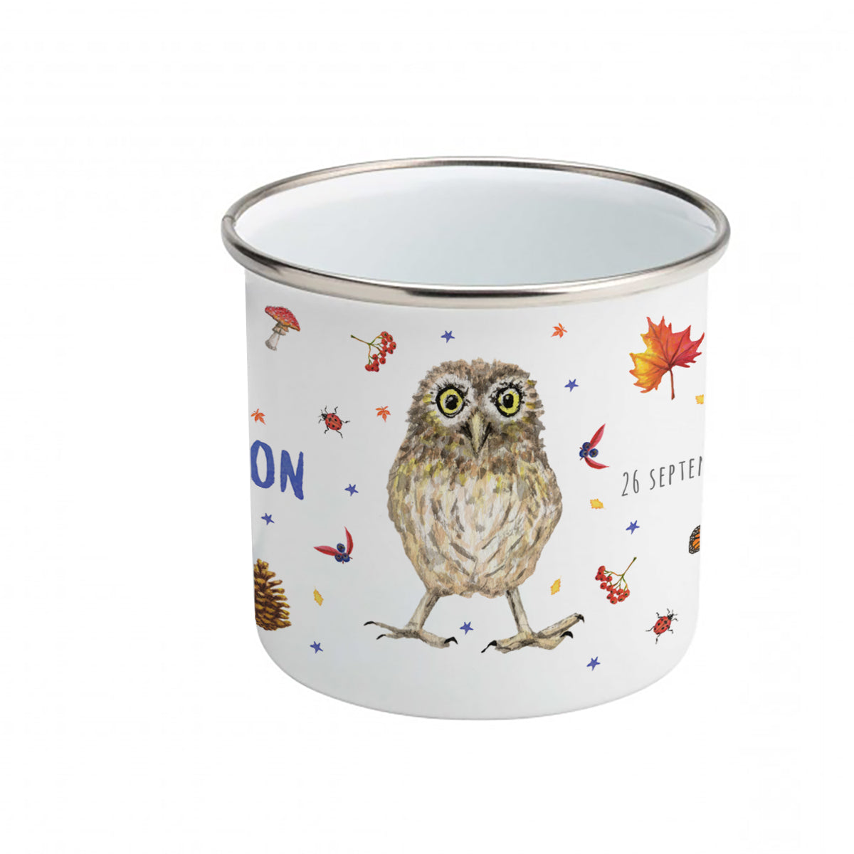 Emaille-Tasse Eule Kaninchen Hirsch mit Namen