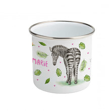 Load image into Gallery viewer, Enamel mug zebra and parrots custom with name
