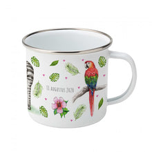 Load image into Gallery viewer, Enamel mug zebra and parrots custom with name
