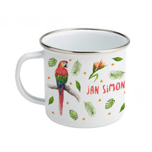 Load image into Gallery viewer, Enamel mug zebra and parrots custom with name
