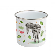 Load image into Gallery viewer, Enamel mug zebra and parrots custom with name
