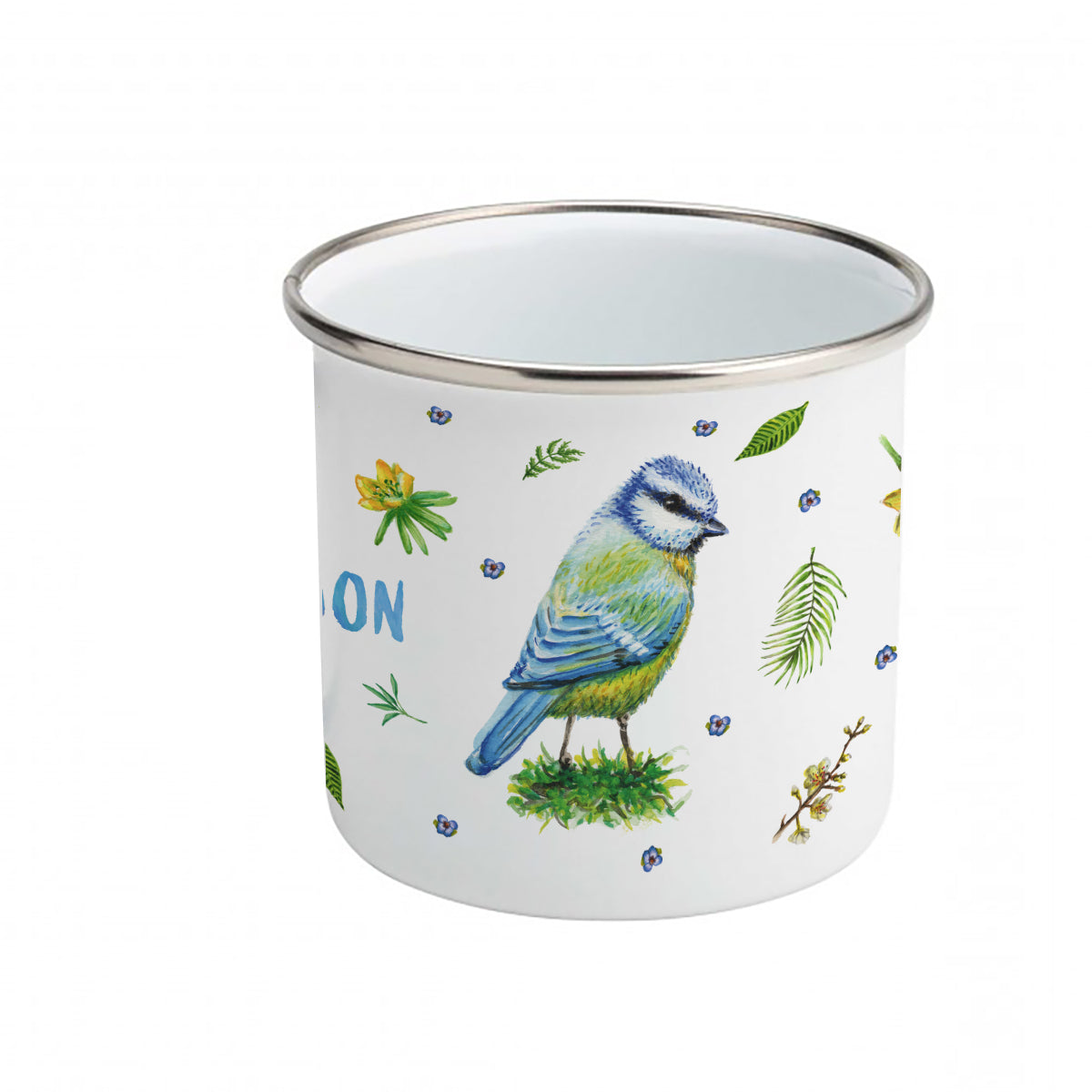 Enamel mug leopard blue tit and chicks custom with name