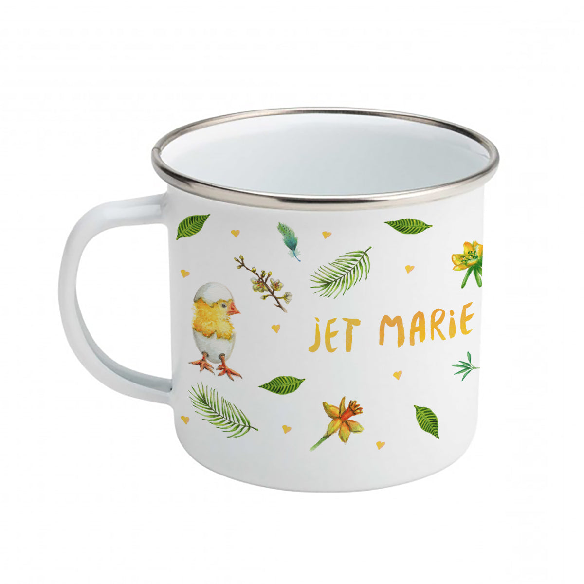 Enamel mug leopard blue tit and chicks custom with name