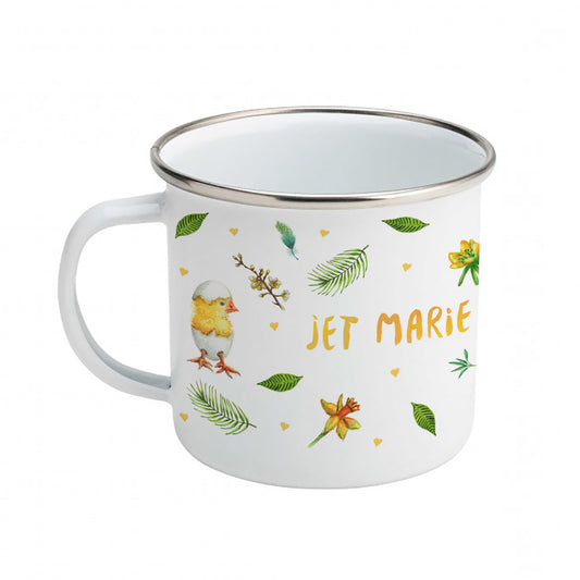 Enamel mug leopard blue tit and chicks custom with name