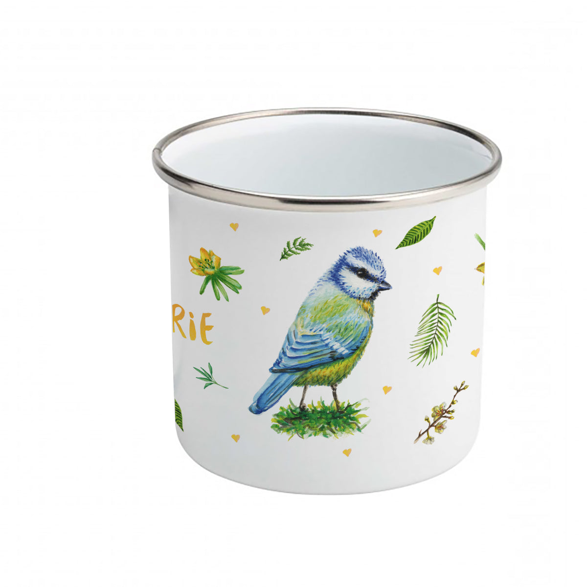 Enamel mug leopard blue tit and chicks custom with name