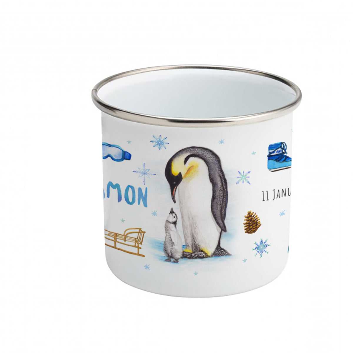 Emaille beker pinguïn herten met naam