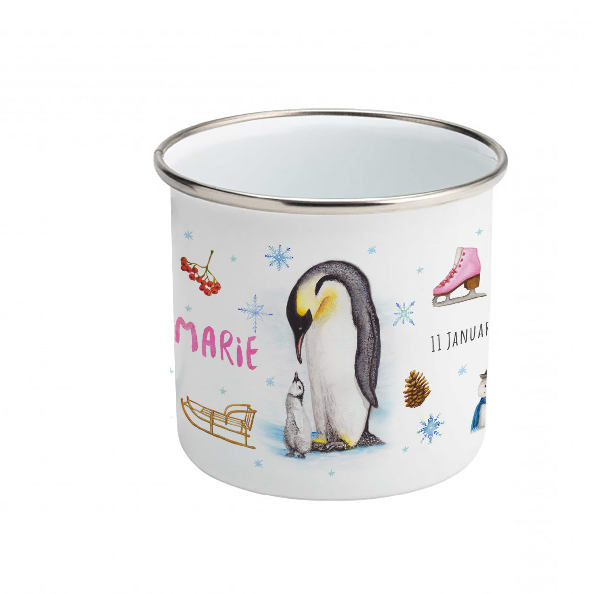 Emaille beker pinguïn herten met naam