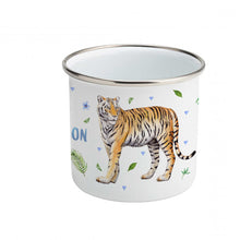 Load image into Gallery viewer, Enamel cup tiger lion leopard with name
