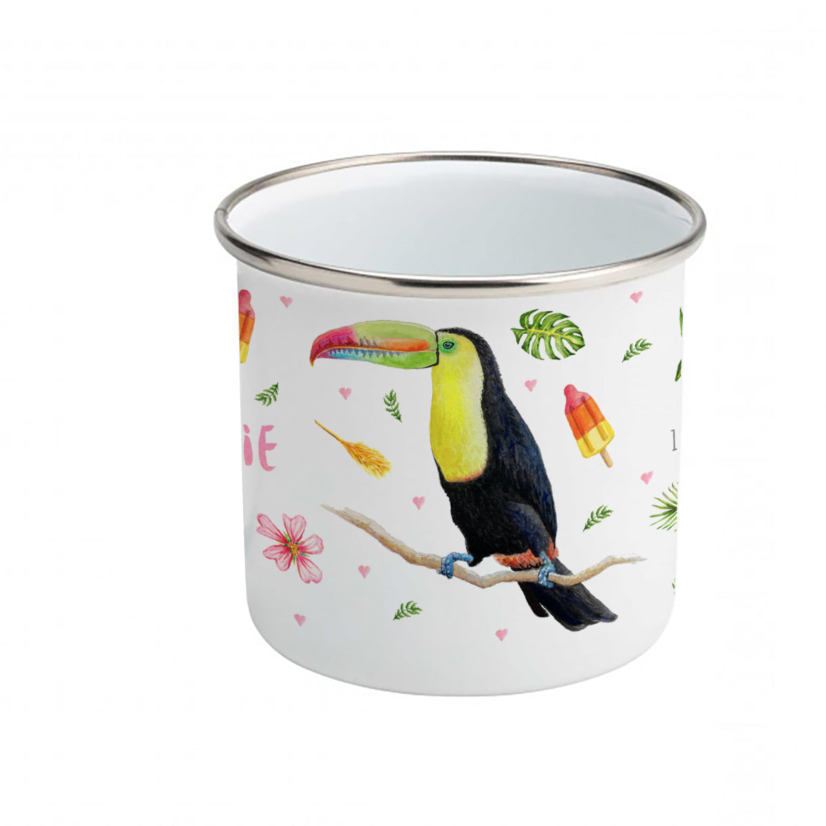 Enamel mug toucan parrots flamingo custom with name