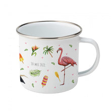 Lade das Bild in den Galerie-Viewer, Emaille-Tasse Tukan Papageien Flamingo mit Namen

