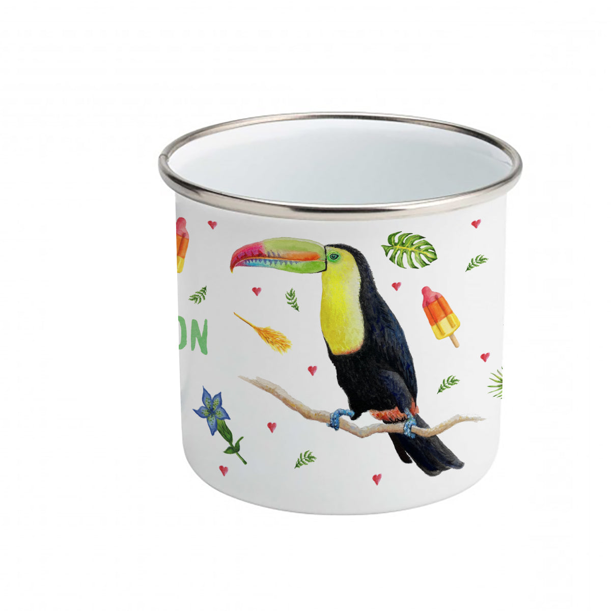 Enamel mug toucan parrots flamingo custom with name