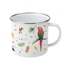 Load image into Gallery viewer, Enamel mug toucan parrots flamingo custom with name
