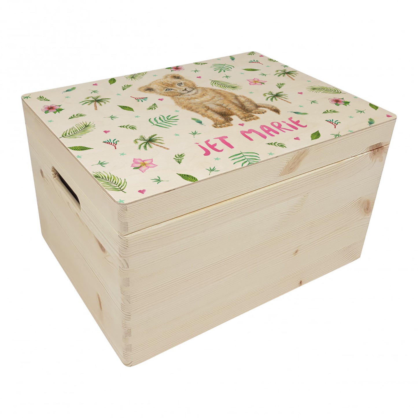 Memorybox met naam kraamcadeau speelgoedkist herinneringskist houten kist opberger kinderkamer kinderkamerinspiratie mies to go handgeschilderd dieren in aquarel baby leeuw leeuwtje welpje meisje