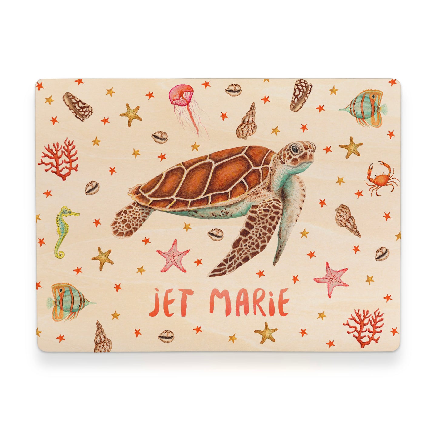 Memorybox met naam kraamcadeau speelgoedkist herinneringskist houten kist opberger kinderkamer kinderkamerinspiratie mies to go handgeschilderd dieren in aquarel baby zeeschildpad meisje vis zeedieren