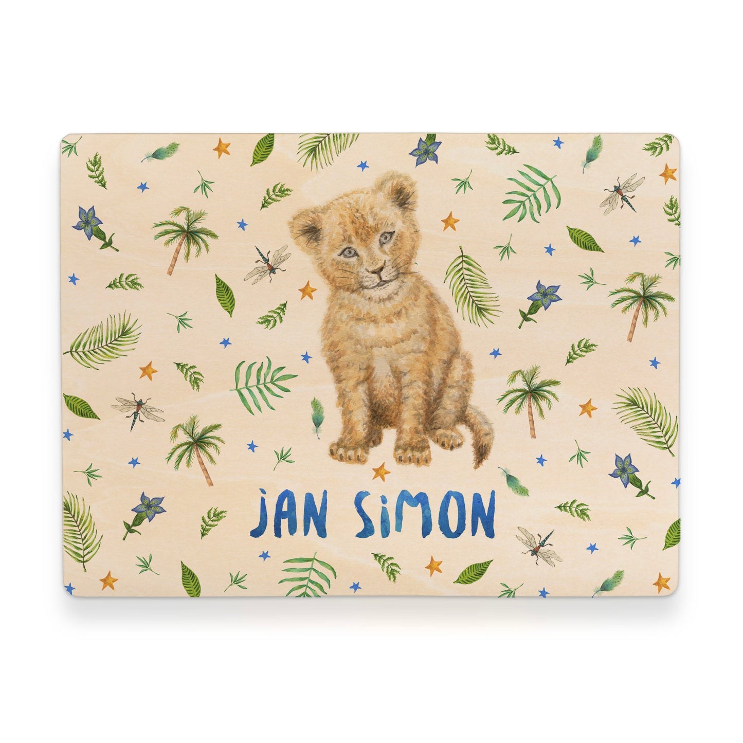 Memorybox met naam kraamcadeau speelgoedkist herinneringskist houten kist opberger kinderkamer kinderkamerinspiratie mies to go handgeschilderd dieren in aquarel baby leeuw leeuwtje welpje jongen