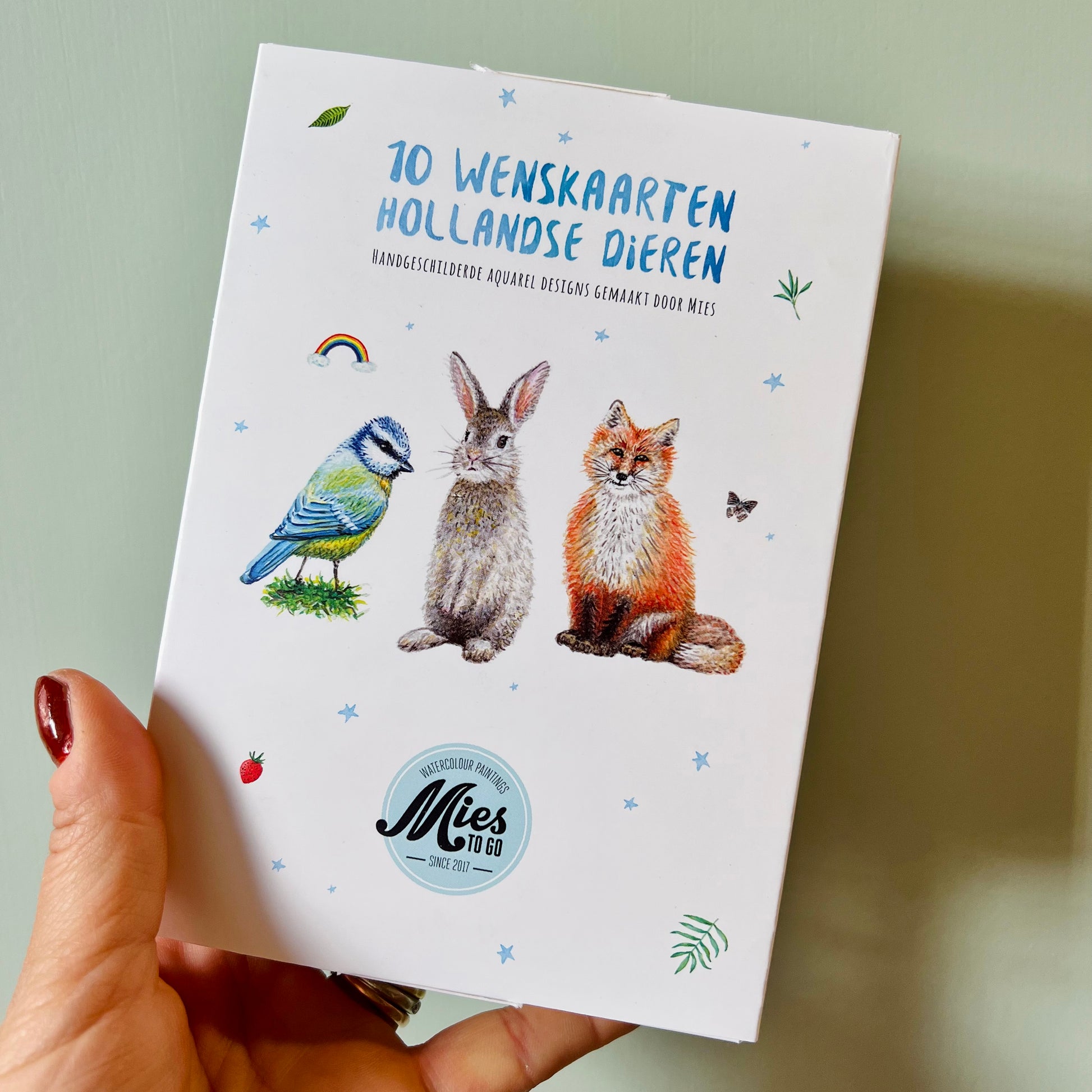 wenskaarten met envelop blanco Hollandse dieren kaart ansichtkaart greeting card postcard watercolor animals dieren aquarel haan kraanvogel ijsvogel koe kalfje pimpelmees poes kat konijn eekhoorn vos konijntje roodborstje