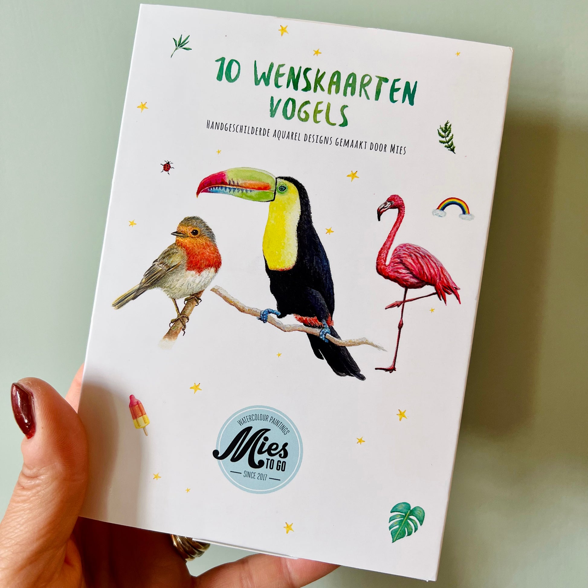 Wenskaarten kaarten kaartenset postcard vogels toekan flamingo roodborstje kraanvogel papegaai handgeschilderd handpainted watercolour aquarel Mies to go