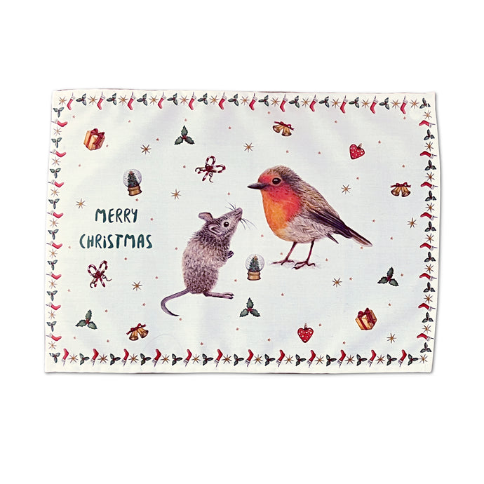 kerstmis kersttafel kerstdecoratie kerstdiner placemat kerstplacemat textiel handgeschilderd design aquarel Mies to Go roodborstje