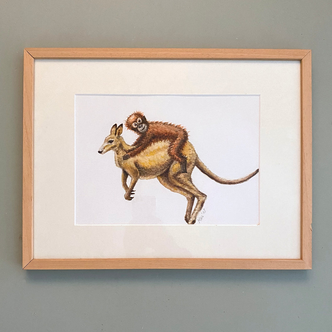 Originele aquarel schilderij kangoeroe met aap