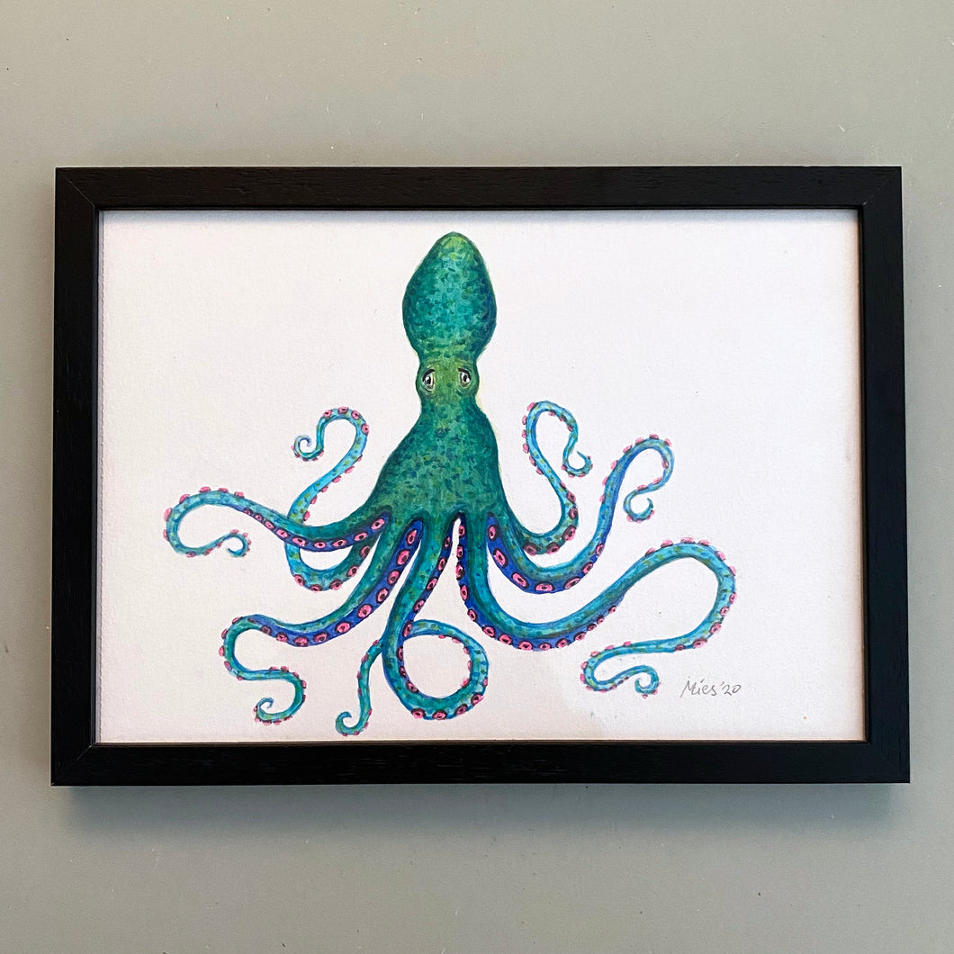 Origineel aquarel schilderij octopus