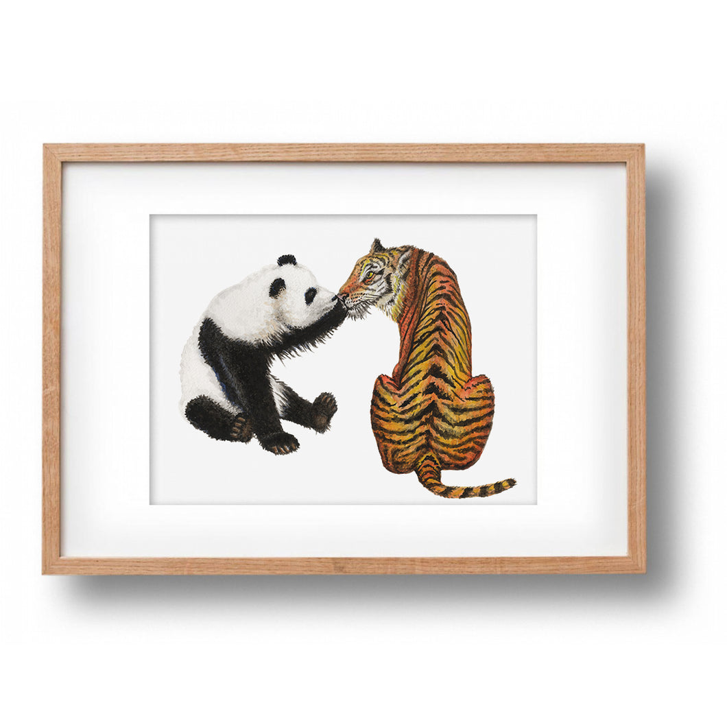 Origineel aquarel schilderij panda en tijger