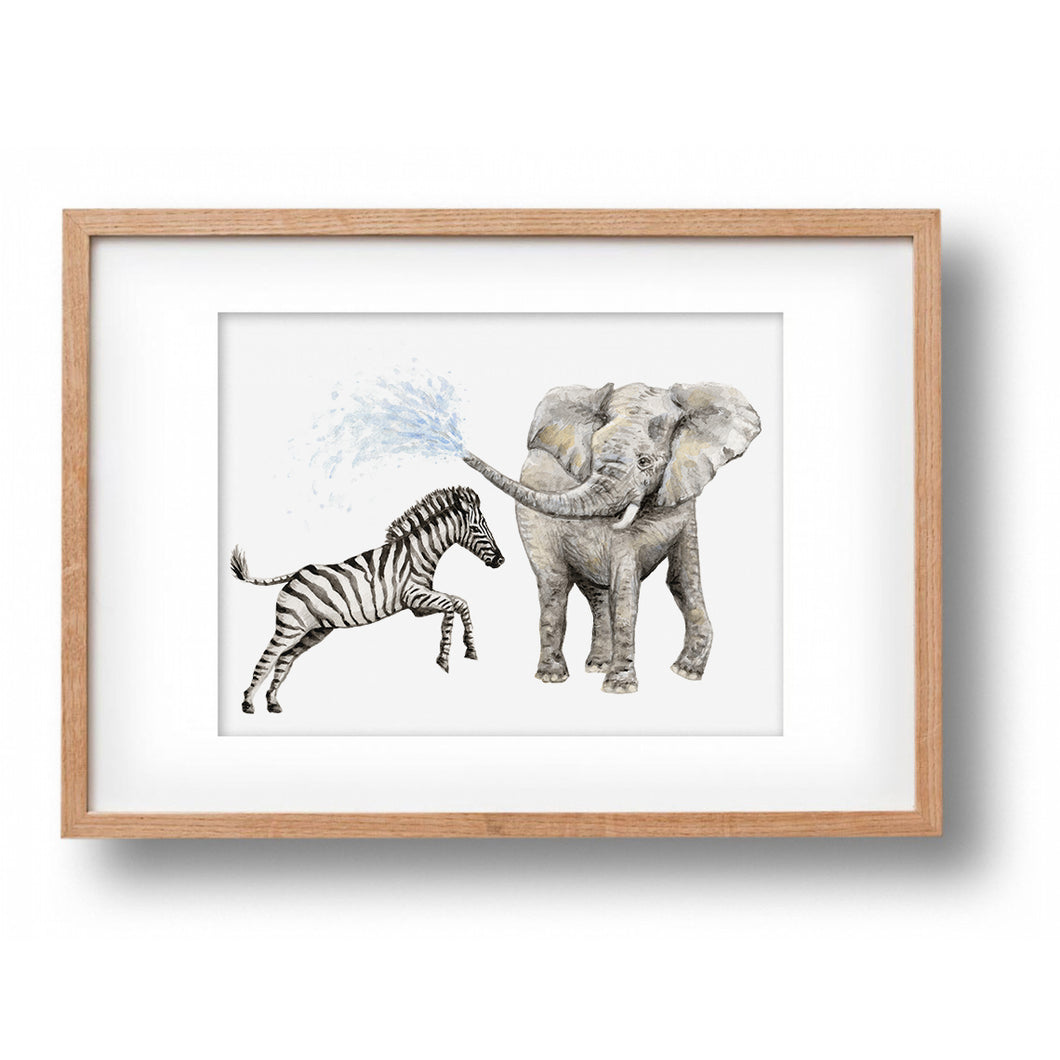 Original-Aquarell Zebra mit Elefant
