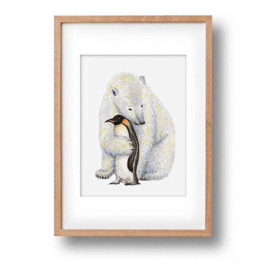 Origineel aquarel schilderij ijsbeer en pinguïn