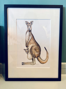 Originele aquarel schilderij kangoeroe mama