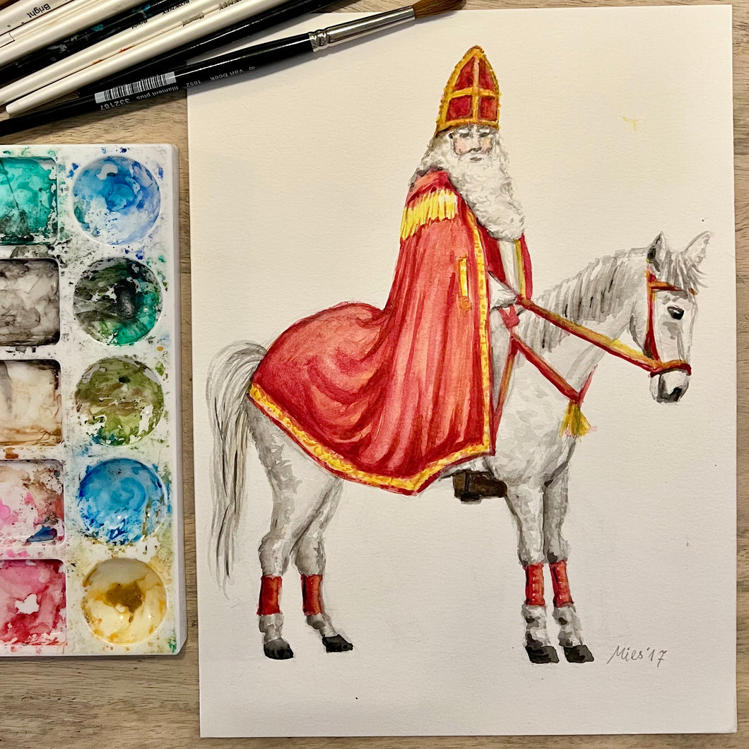 Originele aquarel schilderij Sinterklaas