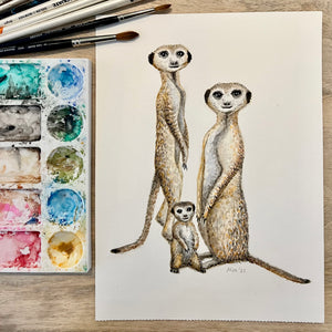 Origineel aquarel schilderij stokstaartjes