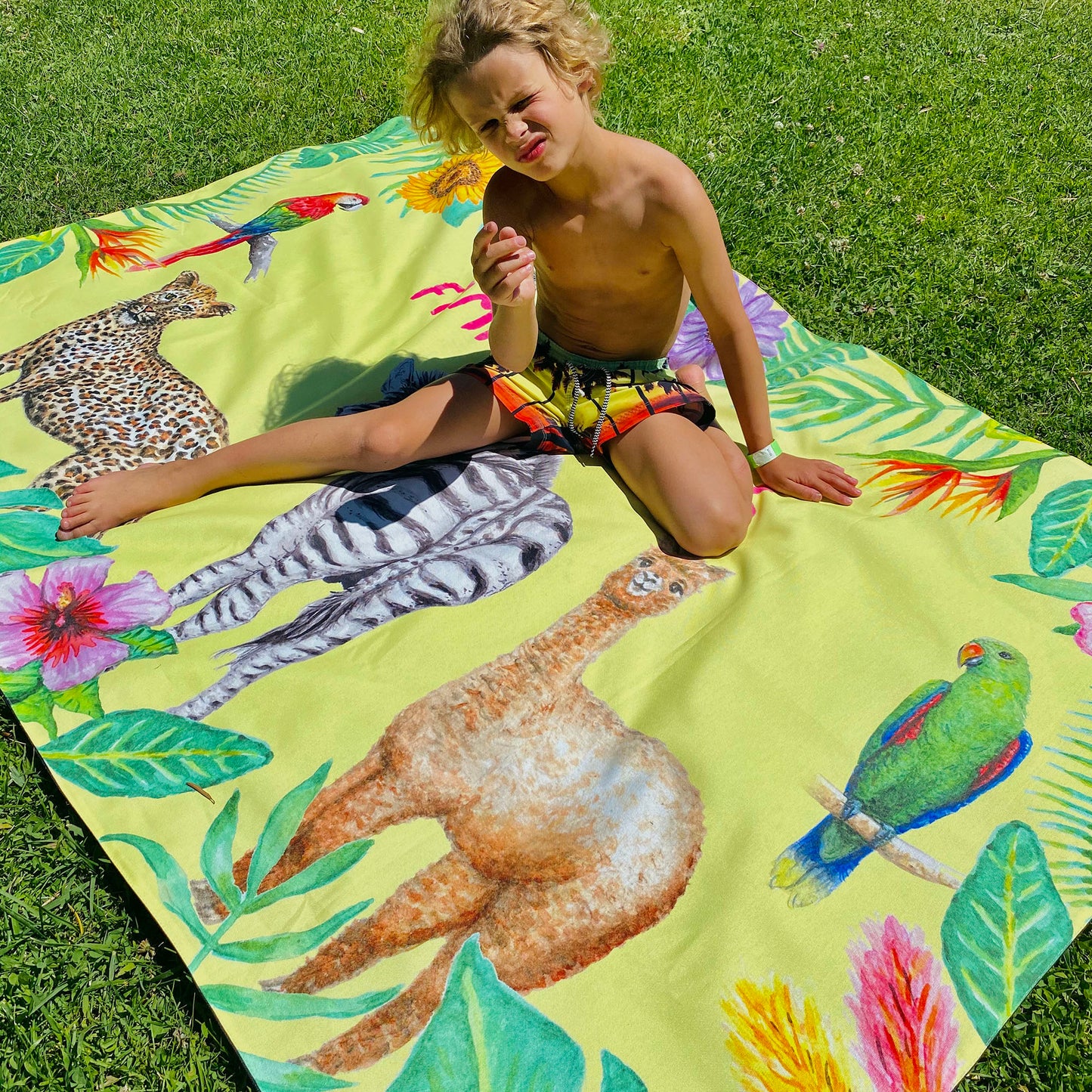 Picnic blanket with cheetah flamingo lion print and personalized name