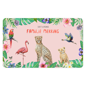 Picnic blanket with cheetah flamingo lion print and personalized name