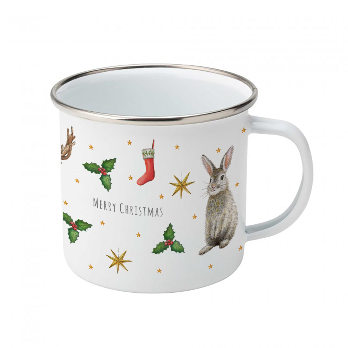 Enamel mug Christmas deer and rabbit custom with name