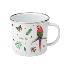 Load image into Gallery viewer, Enamel mug flamingo and parrot custom with name
