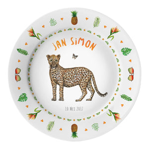 Kids personalized dinner name plate leopard