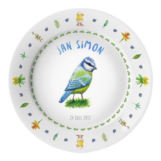 Personalised kids plate blue tit bird