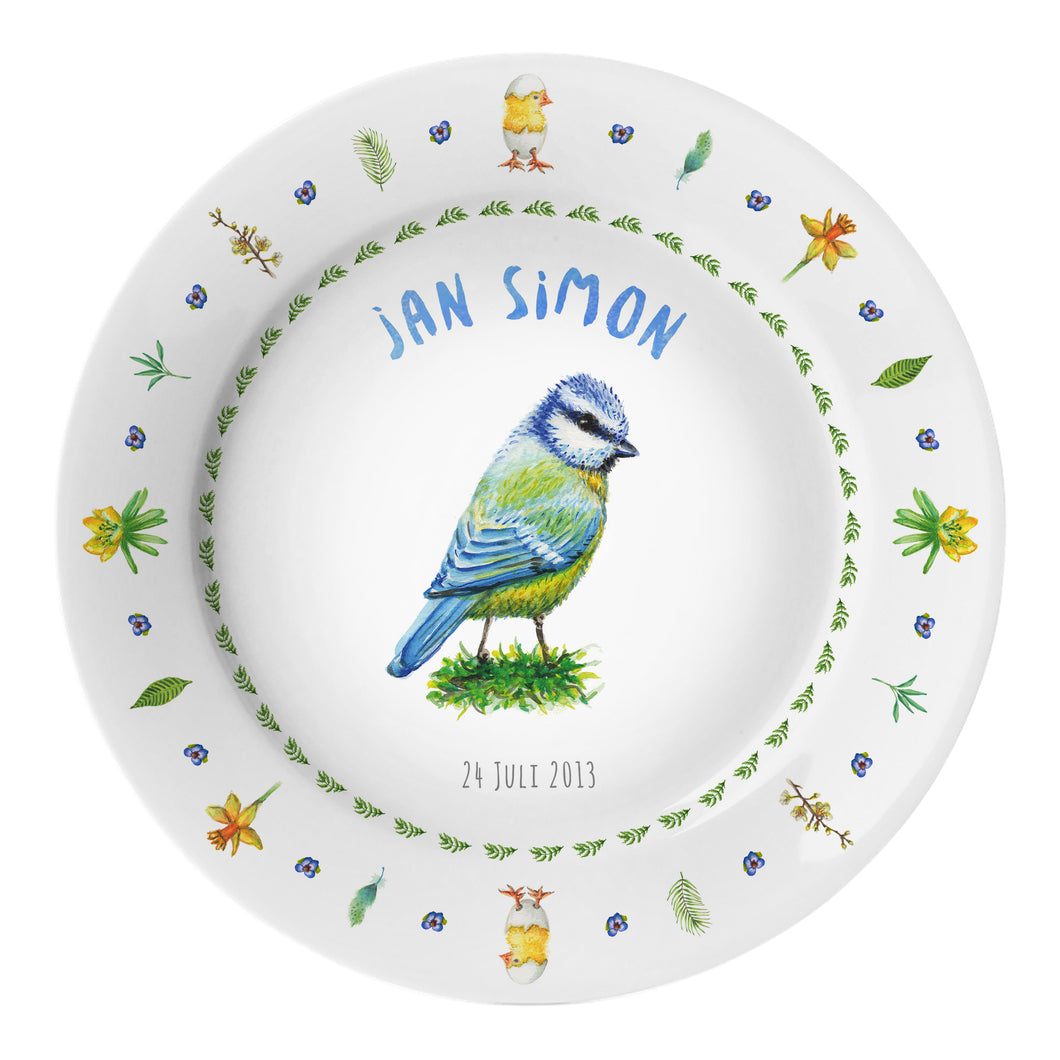 Kids personalized dinner name plate blue tit