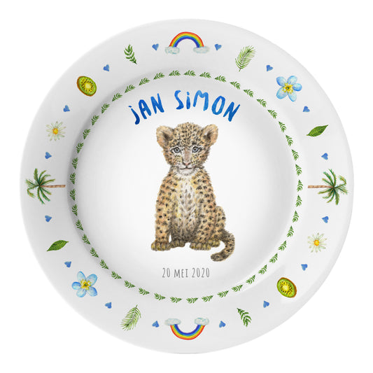 Kinderbordje met naam – baby luipaard | gepersonaliseerd bordje voor baby en kind